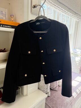 Zara Black Classic Cropped Tweed Jacket